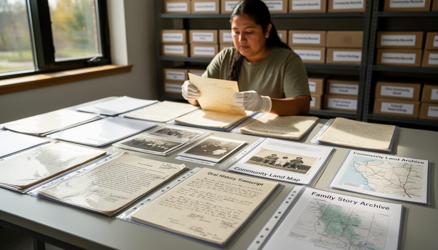Close-up of open archival folders with handwritten documents and photographs in protective sleeves