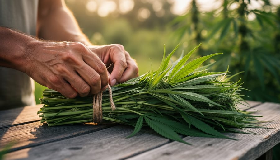 Close view of hands placing dried hemp leaf bundles beside a clay bowl and mortar outdoors