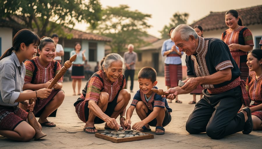 Elders and youth playing a traditional hoop-and-stick game outdoors in a community gathering.