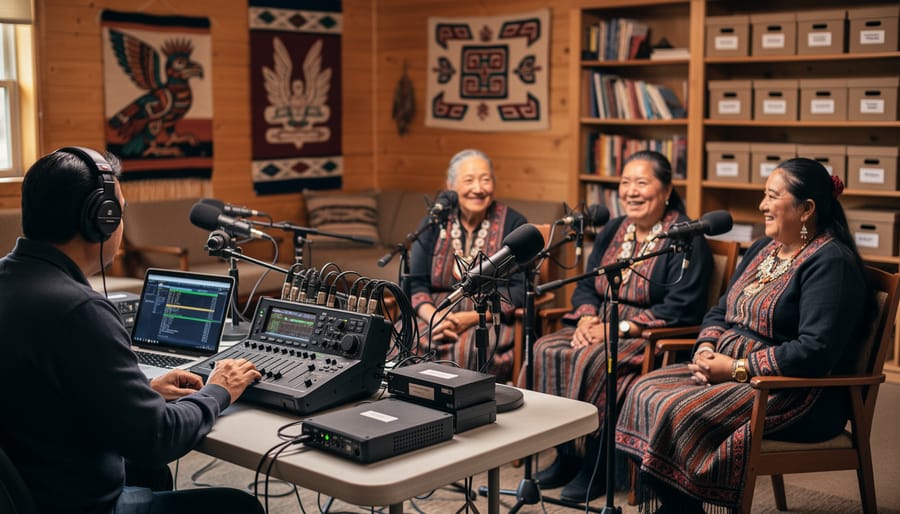 Elders listening to an audio recorder during a community storytelling session