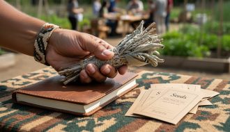 An Indigenous hand holding sage beside a notebook and seed packets in a natural outdoor setting, representing community stewardship of knowledge.