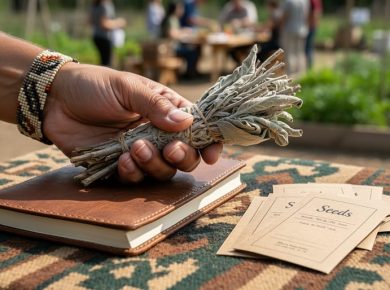 An Indigenous hand holding sage beside a notebook and seed packets in a natural outdoor setting, representing community stewardship of knowledge.