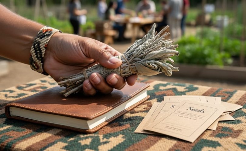 An Indigenous hand holding sage beside a notebook and seed packets in a natural outdoor setting, representing community stewardship of knowledge.