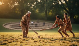 Indigenous elder and youth playing a traditional stick-and-ball game on an outdoor community field during golden hour.
