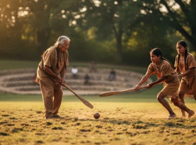 Indigenous elder and youth playing a traditional stick-and-ball game on an outdoor community field during golden hour.