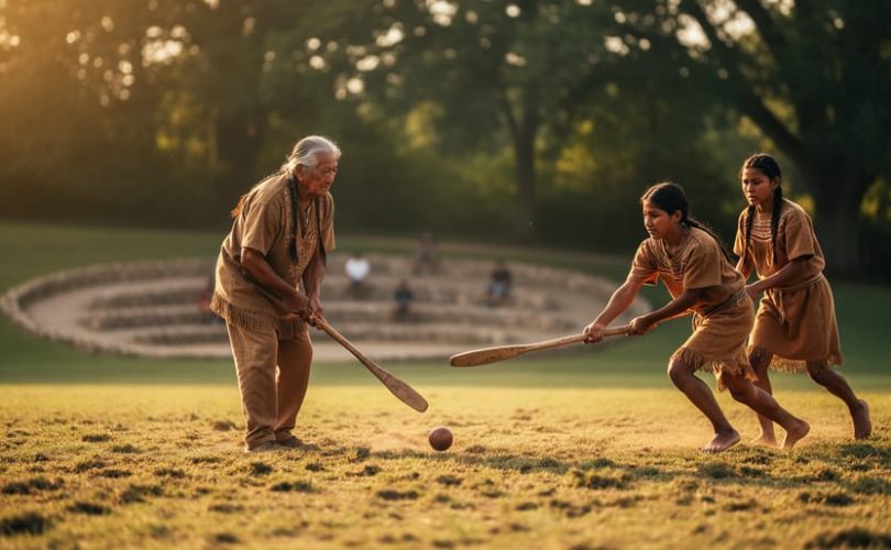 Indigenous elder and youth playing a traditional stick-and-ball game on an outdoor community field during golden hour.