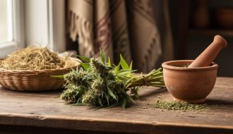 Close-up of hemp plant stems and dried flower tops arranged on a wooden table with woven baskets and a clay mortar and pestle under soft natural light.