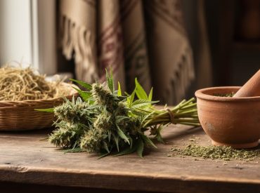 Close-up of hemp plant stems and dried flower tops arranged on a wooden table with woven baskets and a clay mortar and pestle under soft natural light.