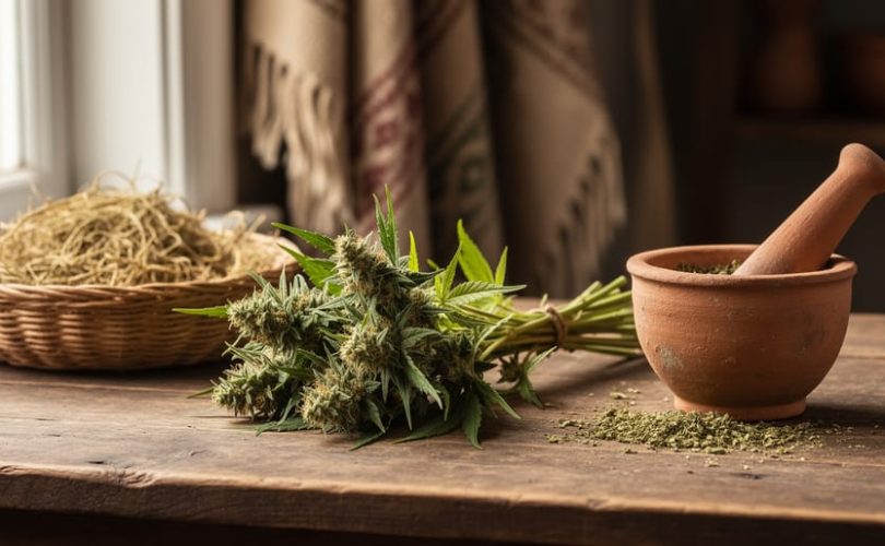 Close-up of hemp plant stems and dried flower tops arranged on a wooden table with woven baskets and a clay mortar and pestle under soft natural light.