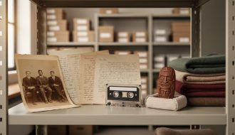 “A respectful archival display showing an old photograph, handwritten letter pages, an audio cassette, and a carved artifact on a fabric base, with the background softly blurred.”