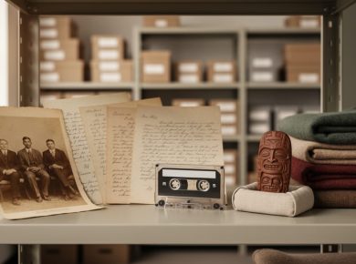 “A respectful archival display showing an old photograph, handwritten letter pages, an audio cassette, and a carved artifact on a fabric base, with the background softly blurred.”