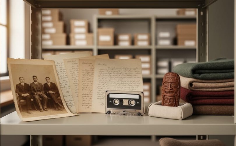 “A respectful archival display showing an old photograph, handwritten letter pages, an audio cassette, and a carved artifact on a fabric base, with the background softly blurred.”