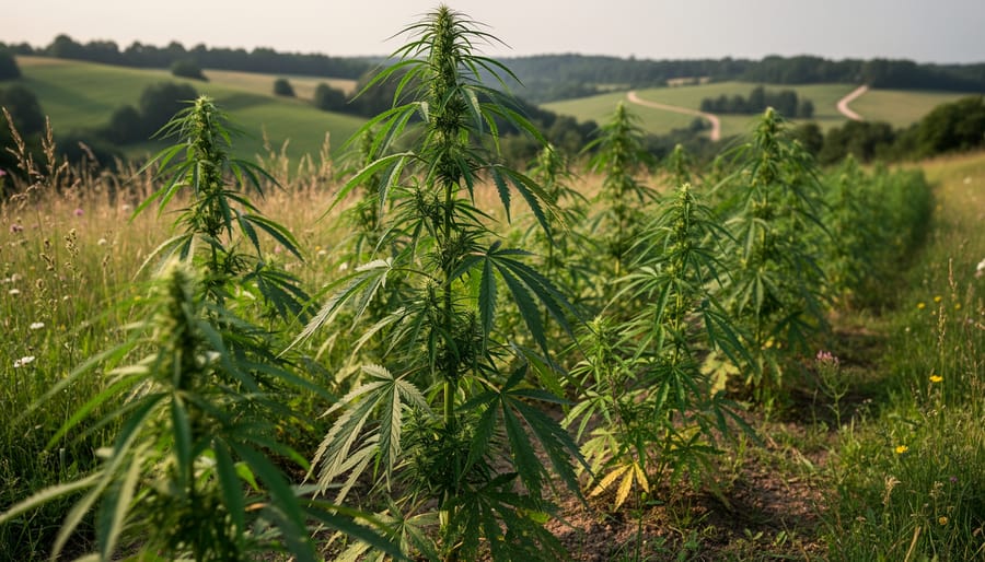 Tall hemp plants with seed heads growing in a natural field under soft daylight
