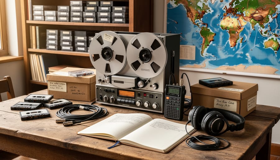Tape deck and headphones with neatly stacked reel-to-reel tapes in a softly lit room