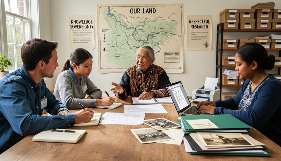 Two people seated together reviewing cultural materials in a community setting, focusing on shared documentation work.