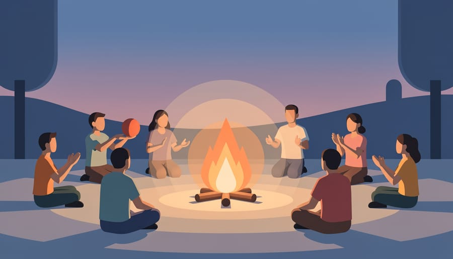 Warm firelight and silhouettes of participants gathered in a circle as traditional game objects rest on the ground.