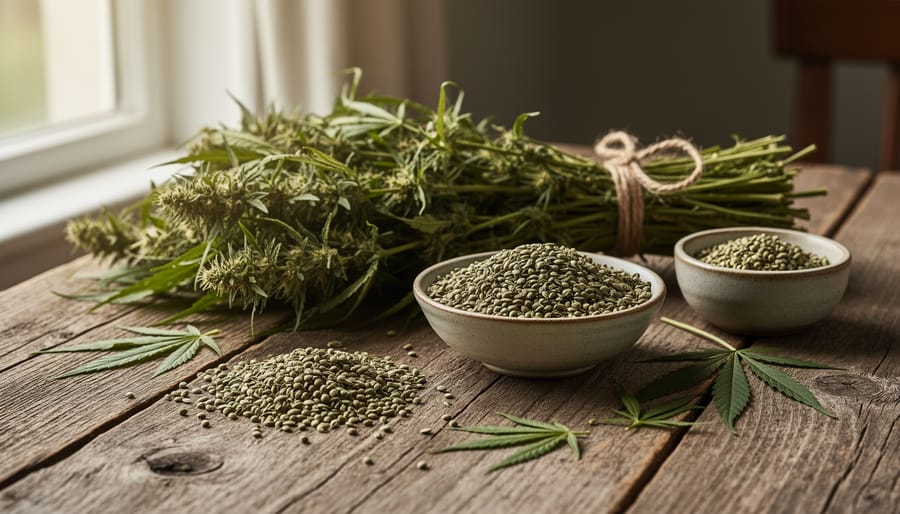 Woven basket with hemp seeds and dried hemp leaves beside glass jars on a wooden surface