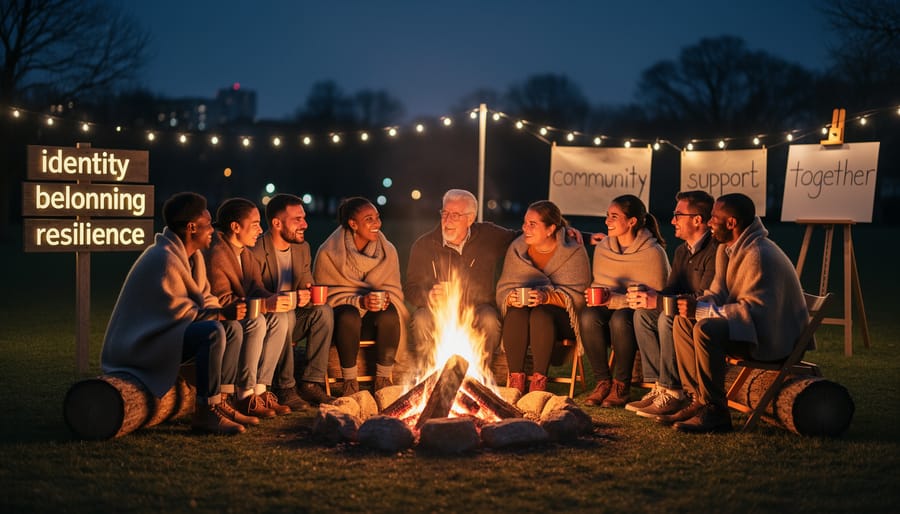 People gathered in a circle around a fire at night, holding hands and warming themselves together.