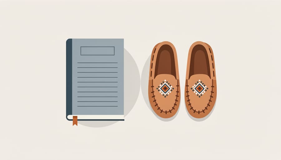 Notebook pages and worn leather moccasins laid on a blanket on the ground with prairie wildflowers blurred in the background.