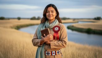 A Métis person in warm sunlight holding a small notebook and scarf in a prairie landscape, symbolizing identity, belonging, and cultural continuity.