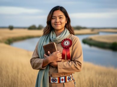 A Métis person in warm sunlight holding a small notebook and scarf in a prairie landscape, symbolizing identity, belonging, and cultural continuity.