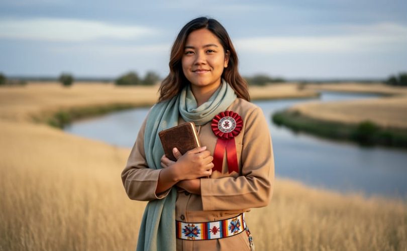 A Métis person in warm sunlight holding a small notebook and scarf in a prairie landscape, symbolizing identity, belonging, and cultural continuity.