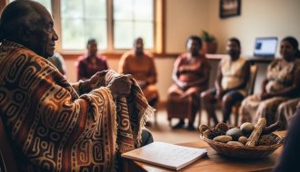 Aboriginal community members sit in a supportive circle indoors while an elder holds a woven textile, symbolizing cultural guidance and responsible online gaming.