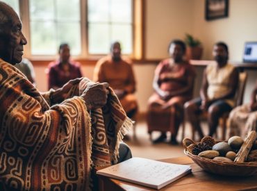 Aboriginal community members sit in a supportive circle indoors while an elder holds a woven textile, symbolizing cultural guidance and responsible online gaming.