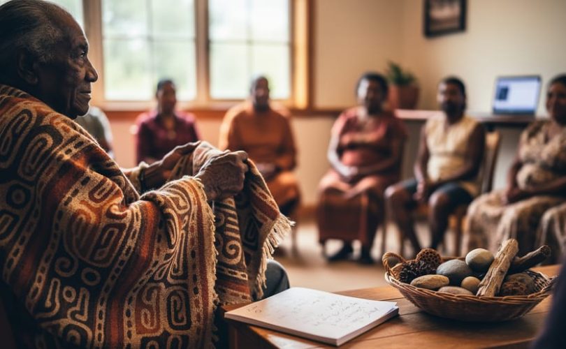Aboriginal community members sit in a supportive circle indoors while an elder holds a woven textile, symbolizing cultural guidance and responsible online gaming.