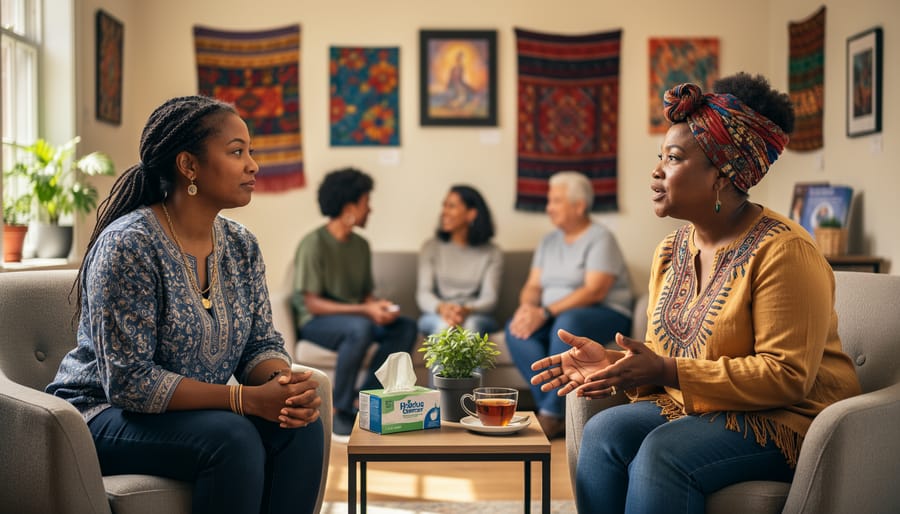 Two Indigenous adults having a supportive conversation across a wooden table with tea cups and handmade items
