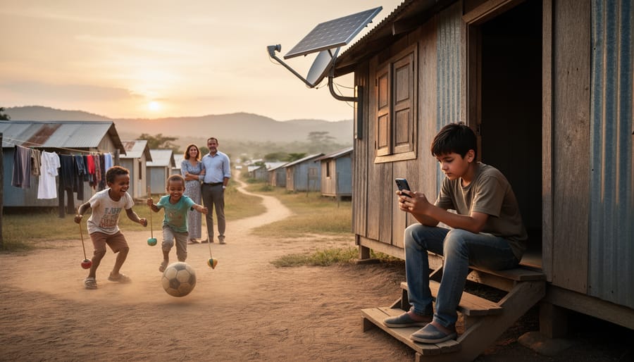 Smartphone glowing on a table near a home entrance at dusk, with warm light in the background