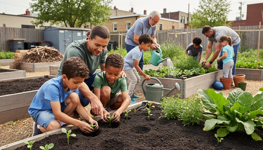 Native adult and children planting crops together in raised garden beds.