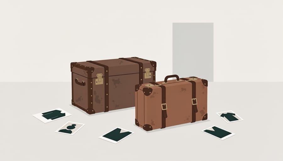 Worn suitcase and wooden trunk inside a dim historic building with a closed door in the background.