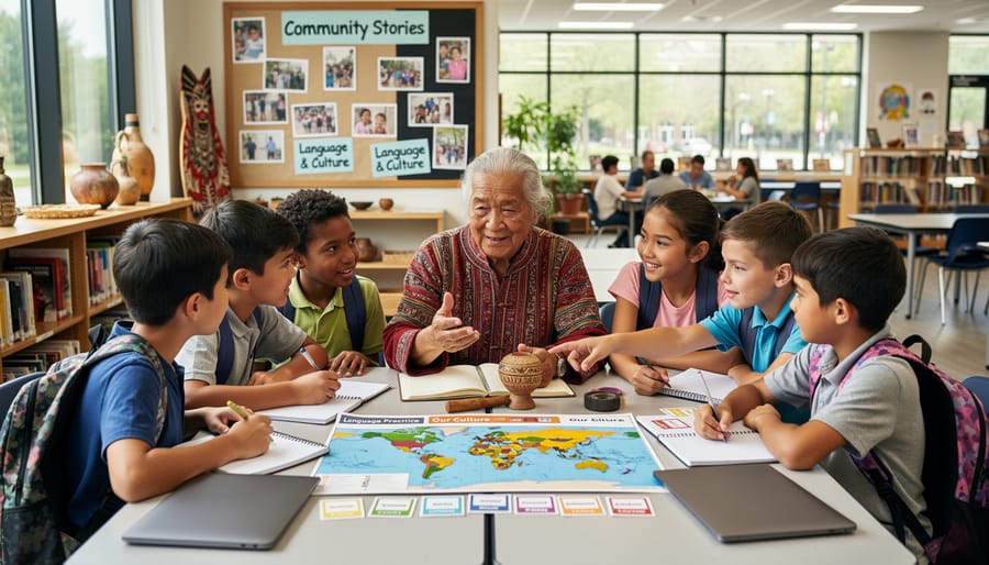 Native students learning with an elder in a classroom using handmade learning materials.