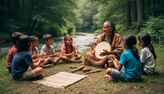 “Indigenous elder teaching children outdoors in a respectful circle with traditional learning materials and a drum”