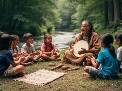 “Indigenous elder teaching children outdoors in a respectful circle with traditional learning materials and a drum”