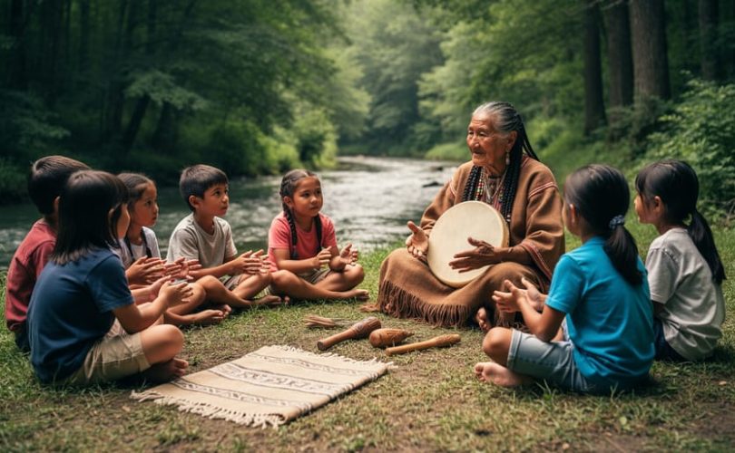 “Indigenous elder teaching children outdoors in a respectful circle with traditional learning materials and a drum”