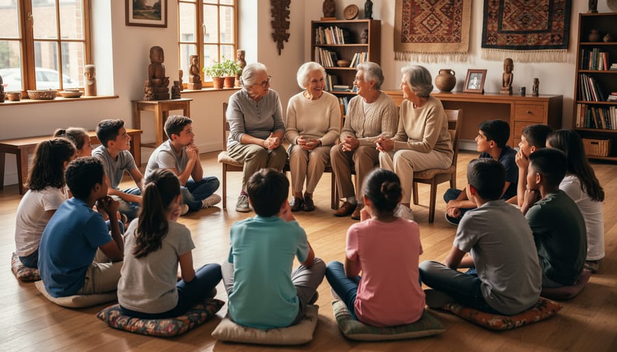 Native elders and children seated in a respectful outdoor circle beside a small fire, listening together.